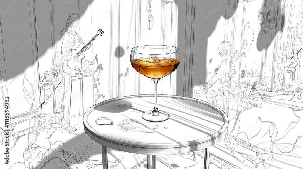 Obraz premium Golden cocktail resting on table in busy jazz club setting