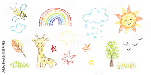 Kid doodle crayon or chalk hand scribble drawings set. Naive and cute kindergarten hand drawn doodles with crayon pencil simple pictures, animal and flowers clipart child school color abstract sketch.