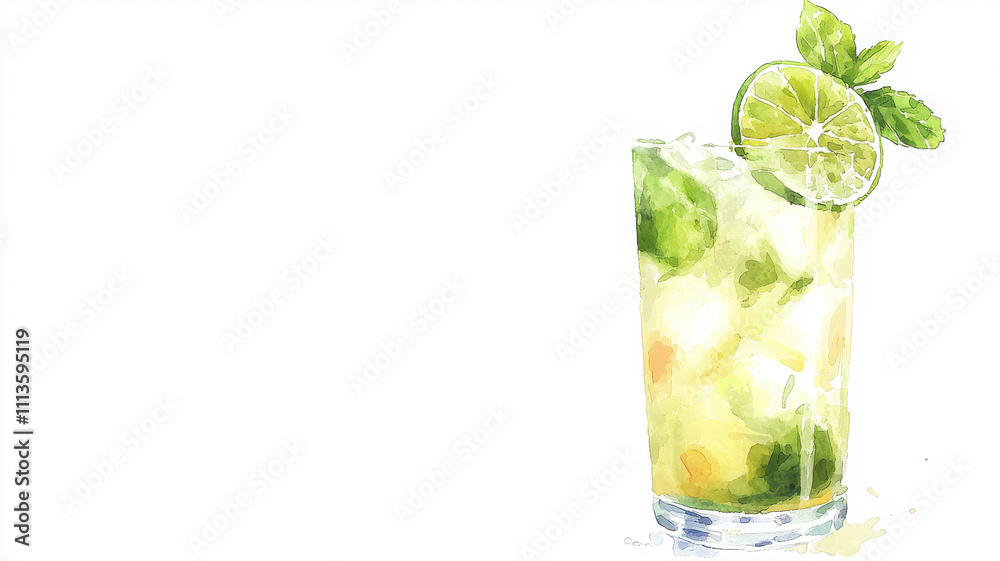 Refreshing lime cocktail with mint and ice in glass Refreshing lime cocktail with mint and ice in glass