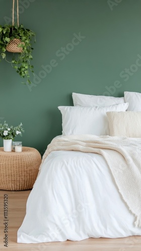 Cozy bedroom design with green accent wall and natural textures