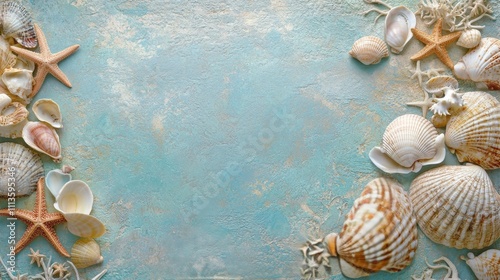 Decorative seashells and starfish arranged on a soft blue background for beac...