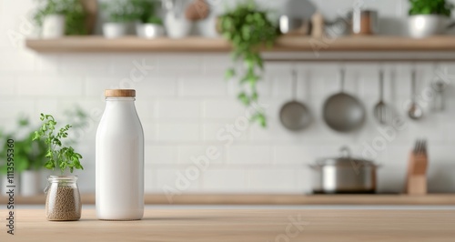Fresh milk in a glass bottle on a wooden kitchen table with rustic decor