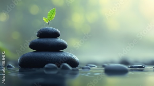 Stacked stones with green leaves symbolizing balance and nature at twilight