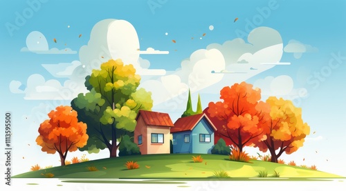 Colorful autumn landscape with pathways and cozy homes in a peaceful setting