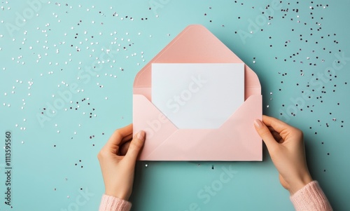 Delicate hands holding a pastel envelope with confetti scattered on a mint gr...