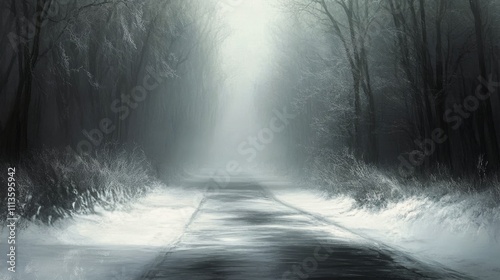 Winter road through snow covered forest with fog and mist in early morning light