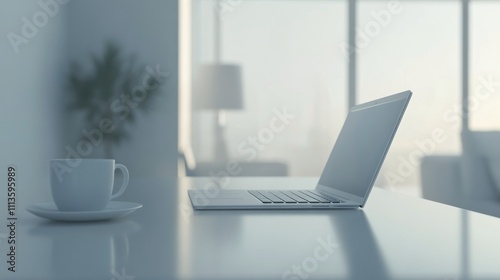 Workspace with a laptop and coffee cup in a bright, modern environment during...