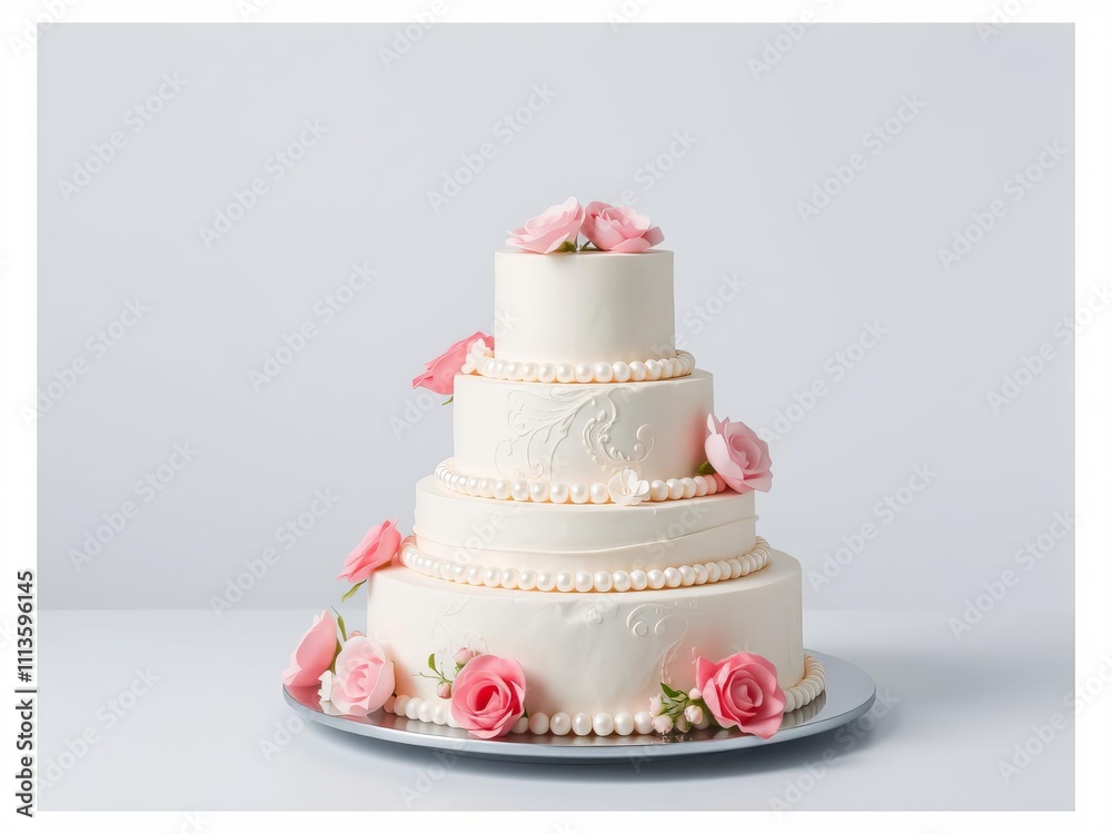 A stunning three tier cake with intricate floral decorations and elegant pearl accents, sweet, tiered A stunning three tier cake with intricate floral decorations and elegant pearl accents, sweet, tiered