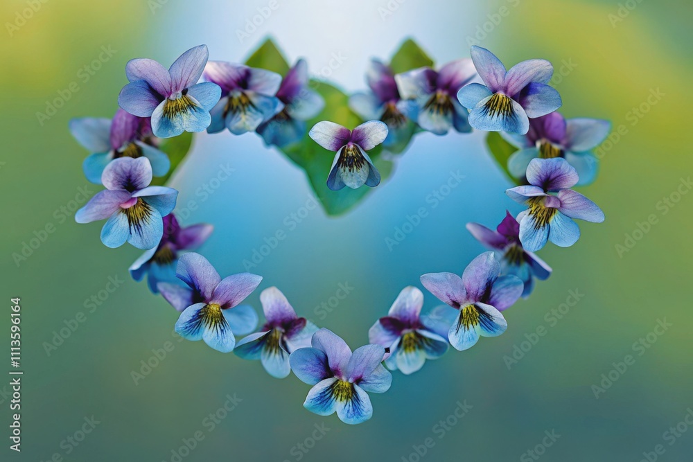 Purple Flowers Arranged in a Heart Shape on Light Blue Background Purple Flowers Arranged in a Heart Shape on Light Blue Background