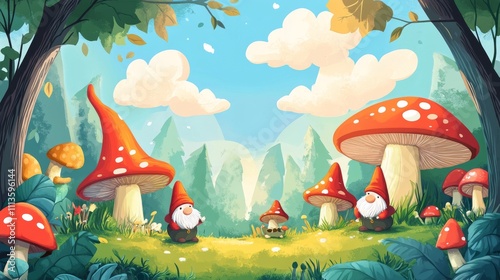 Gnomes in a vibrant garden with mushrooms and wildflowers during a sunny day