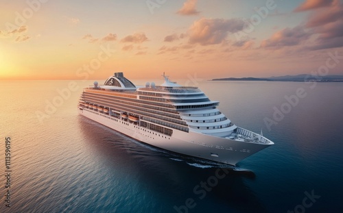 Luxury cruise ship sails across calm ocean at sunset near tropical destination