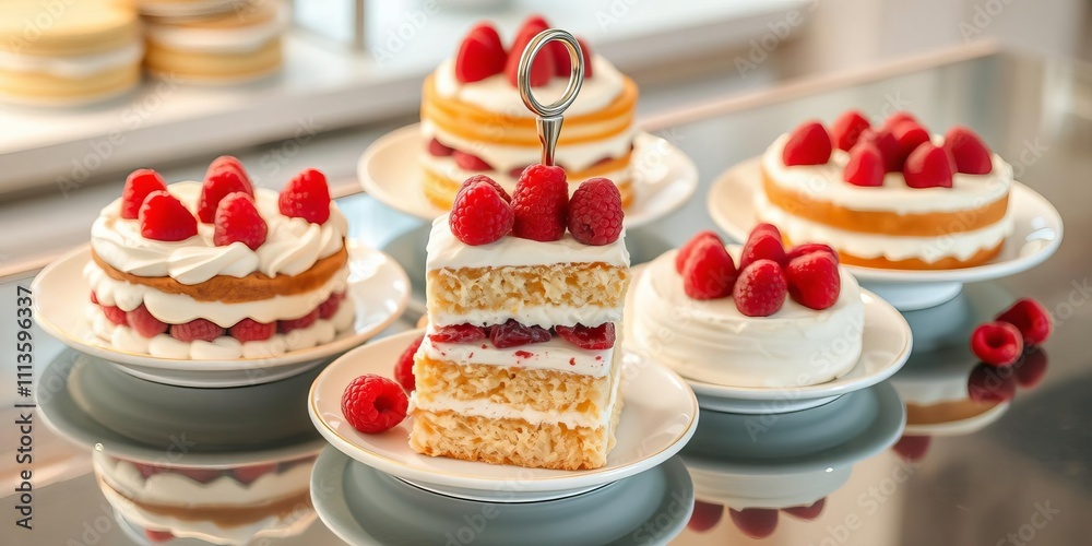 A three tier plate featuring a variety of cakes with cream and raspberries, surrounded by four plates displaying large cakes, three tier, confectionery A three tier plate featuring a variety of cakes with cream and raspberries, surrounded by four plates displaying large cakes, three tier, confectionery
