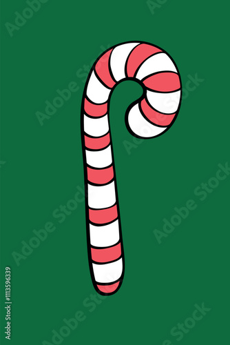 Vector red candy cane icon, Lollipop in flat doodle style. Color bright contour clipart for Christmas, new year, winter holidays design