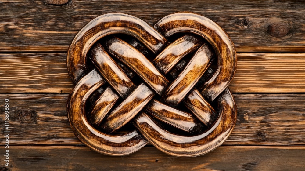 Meticulously Carved Celtic Wooden Knot on Dark Brown Planks Intricate Craftsmanship Symbolizing Tradition and Elegance