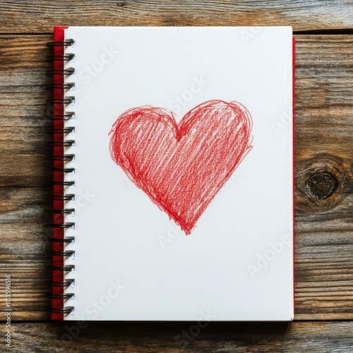 Simple heart drawing on blank notebook page with colored pencils ready to use