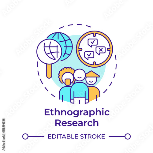 Ethnographic research multi color concept icon. Cultural diversity. Marketing planning. Round shape line illustration. Abstract idea. Graphic design. Easy to use in infographic, presentation