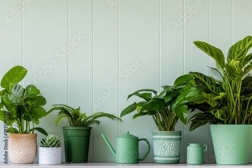 Green plants arranged harmoniously on a light green backdrop in a modern indo...