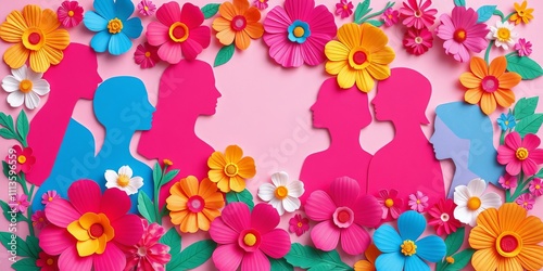 A vibrant depiction of a diverse group of women in a paper cut-out style, each adorned with beautiful flowers to celebrate International Women's Day, paper cut-out, stock photo photo