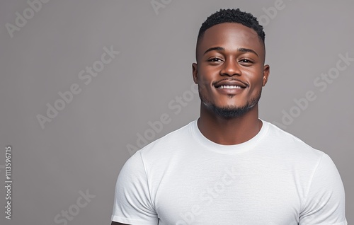 Smiling man dressed in white shirt with relaxed pose against gray background