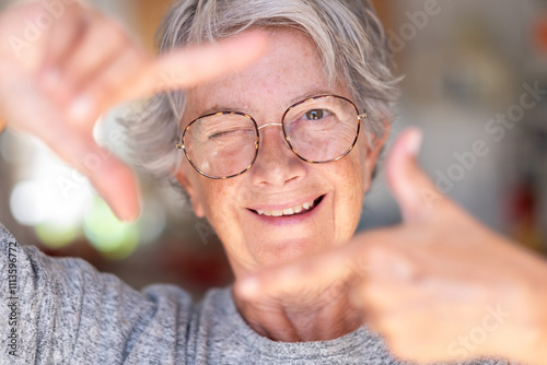 Portrait of carefree smiling senior woman wearing eyeglasses gesturing with hands winking, looking at camera