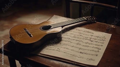 Vintage acoustic guitar resting on music sheet on a wooden table.