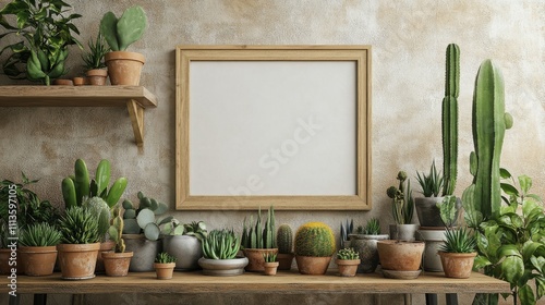 Indoor plant arrangement on a wooden table showcasing diverse greenery and em...