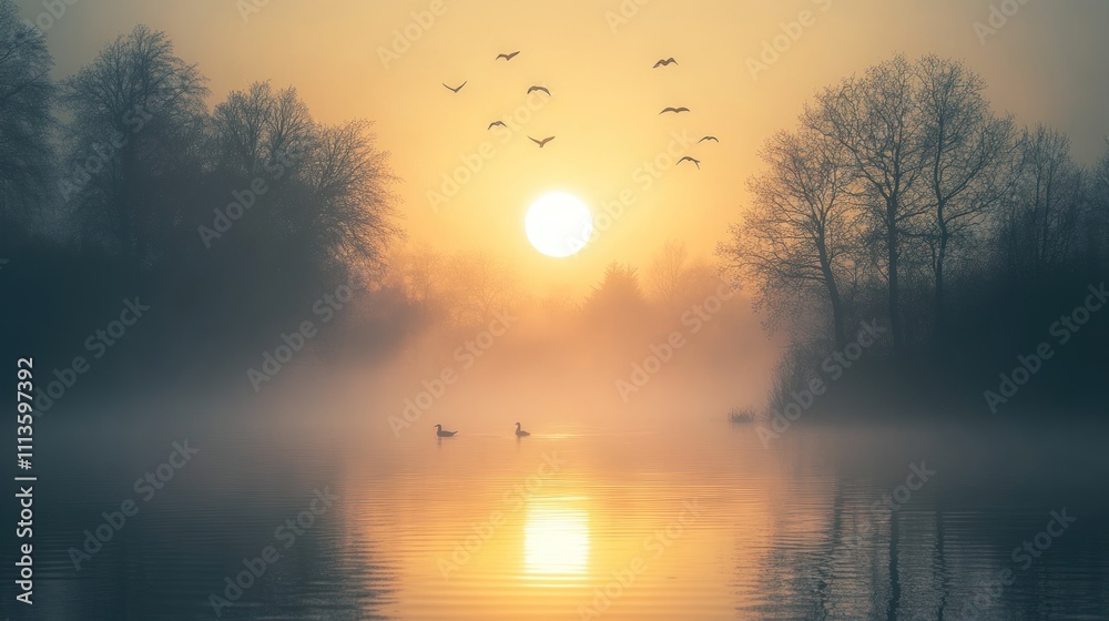 Fototapeta premium Serene Sunrise Over Misty Lake With Birds And Ducks