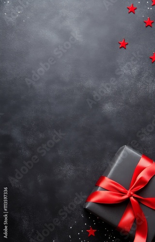 Gift wrapped in black paper with red ribbon and stars on dark background
