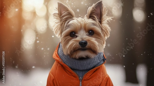 Cute small dog wearing orange jacket in winter forest during sunset