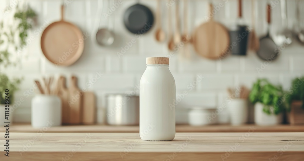 Fresh milk in a glass bottle on a wooden kitchen table with rustic decor Fresh milk in a glass bottle on a wooden kitchen table with rustic decor