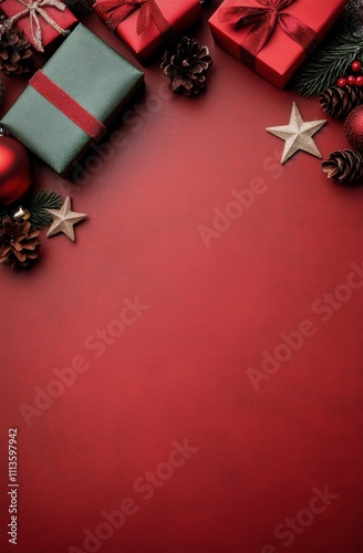 Festive decorations with gifts and greenery on a red background for holiday c...