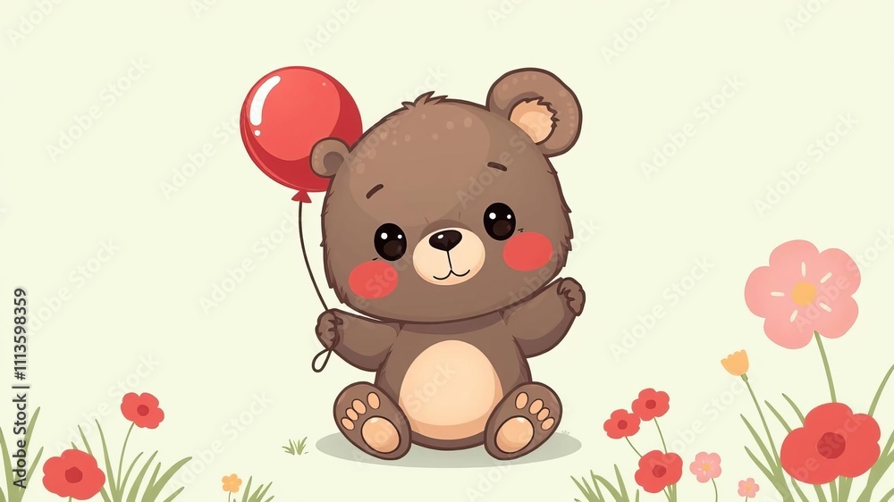 Naklejka premium Adorable baby bear holding red balloon in vector illustration, character, baby