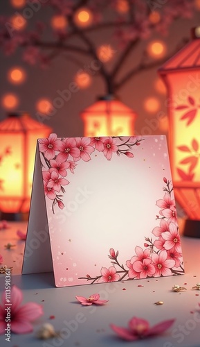 Place card with cherry blossoms and lanterns in evening light