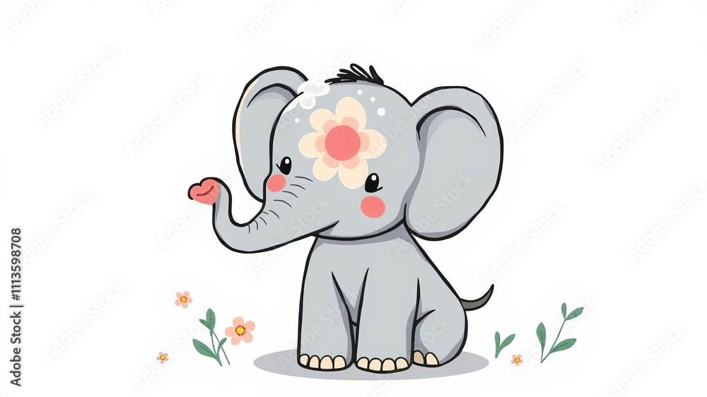 Obraz premium Adorable baby elephant with flower cartoon design for t-shirt print, fabric, greeting cards, and more, fashion, elephant
