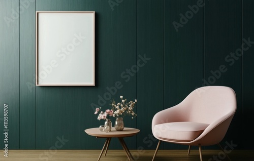 Elegant modern living space featuring a minimalist design with a soft pink chair