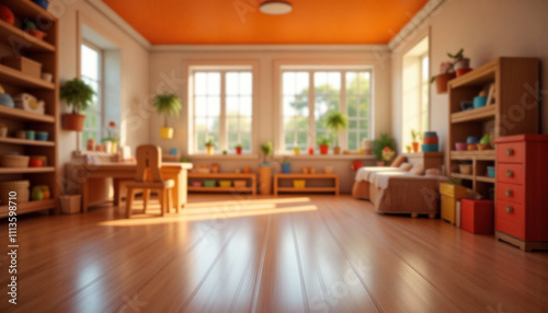 An empty wooden floor against a fuzzy background of a orange kindergarten or child's room. An empty wooden table. Wood desck. Blurred background. Orange children's room with large window. Bg colorful