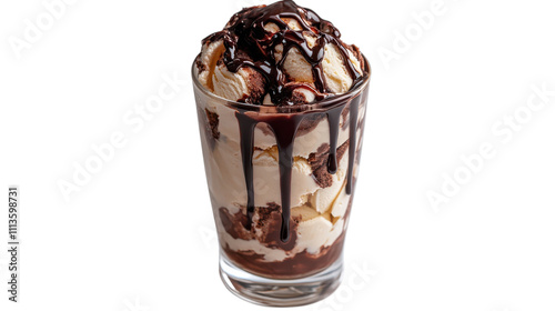 A delightful dessert sits in a clear glass, showcasing layers of creamy ice cream drizzled with rich chocolate sauce. This indulgent treat invites sweet-toothed admirers to enjoy