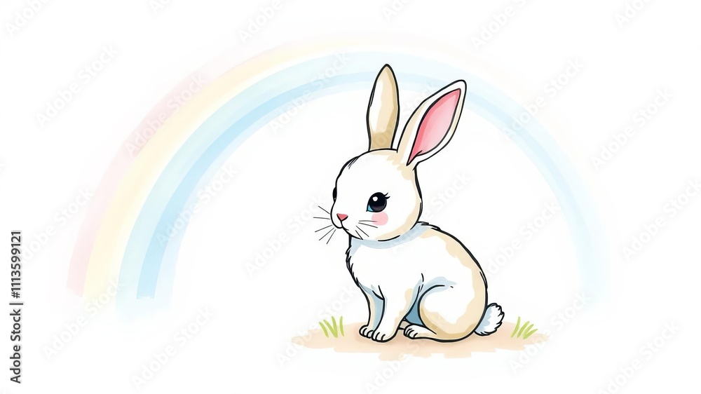 Obraz premium Adorable bunny on rainbow watercolor background illustration, art, background