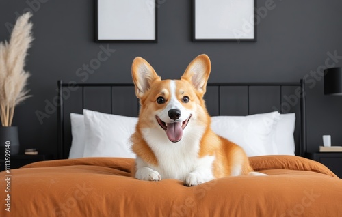 Corgi relaxes on cozy bed in modern bedroom setting during daytime