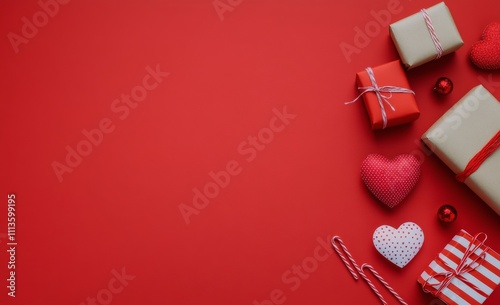 Colorful holiday gifts and decorations arranged on a vibrant red background f...