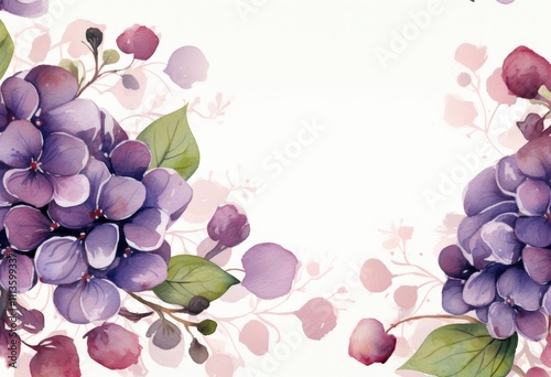 Beautiful watercolor painting of purple flowers with green leaves on a white ...