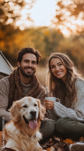 Couple enjoying autumn outdoors with their golden retriever at sunset