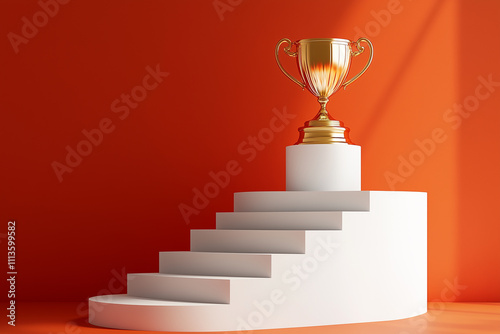 Golden Trophy on White Podium Against a Vivid Orange Background