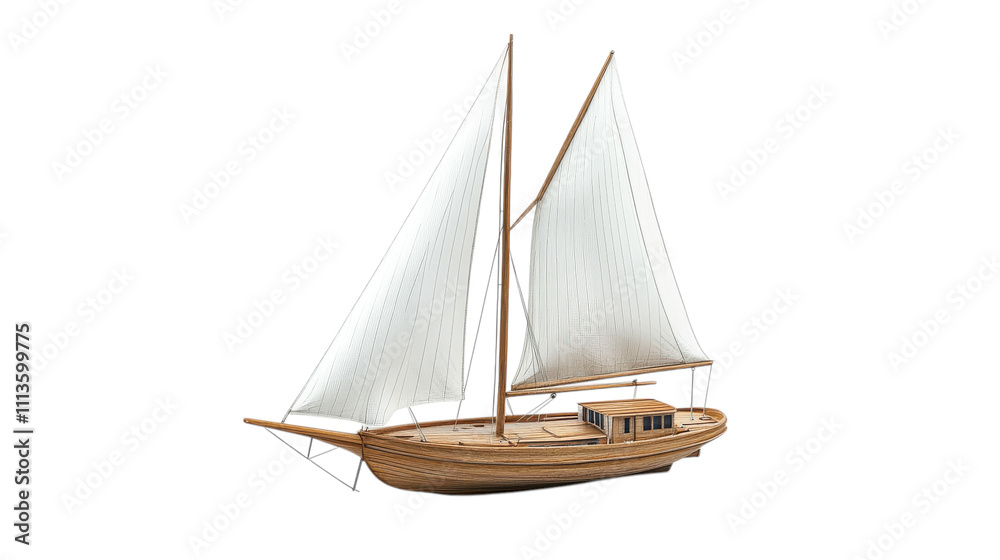 Obraz premium Delicate wooden sailboat rests gracefully, its sails catching the breeze. Crafted with exquisite detail, this model represents the artistry of maritime craftsmanship and sailing tradition