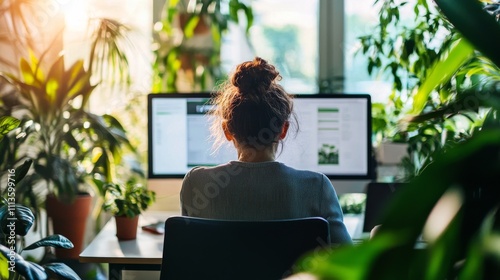 Individual working at a desk surrounded by plants in a modern urban office se...