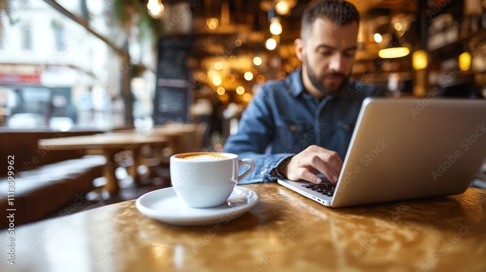 Man working on laptop in cafe with coffee. Man working on laptop in cafe with coffee.