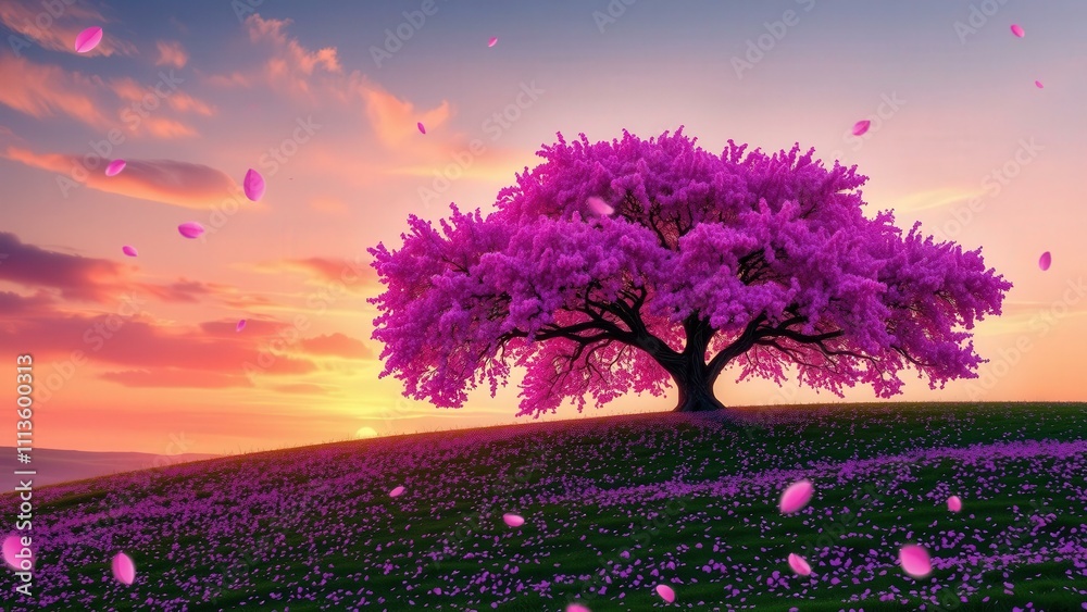 Obraz premium Enchanting Sunset with a Majestic Pink Cherry Blossom Tree: Perfect for Wall Art, Desktop Backgrounds, and Home Decor