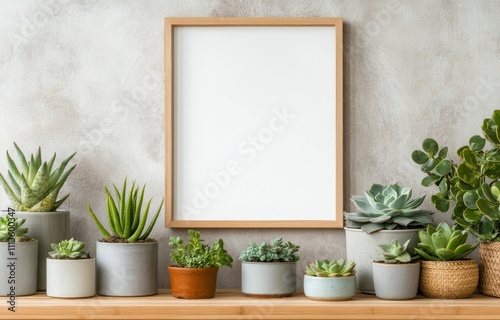 Display of succulents and empty frame on a natural wooden shelf in a modern i...
