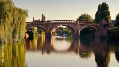 Beautiful bridge reflecting in calm water during golden hour in a quaint rive...