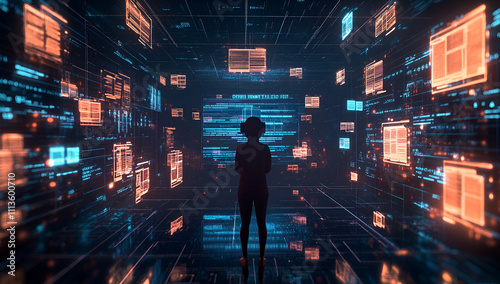 Virtual Archives: Exploring Document Imaging Technologies, virtual reality environment where users navigate through a futuristic archive filled with floating, digitized documents, photo